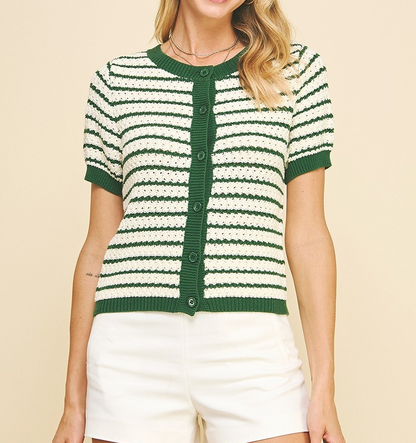 GREEN/OFF WHITE STRIPE BUTTON DOWN SWEATER