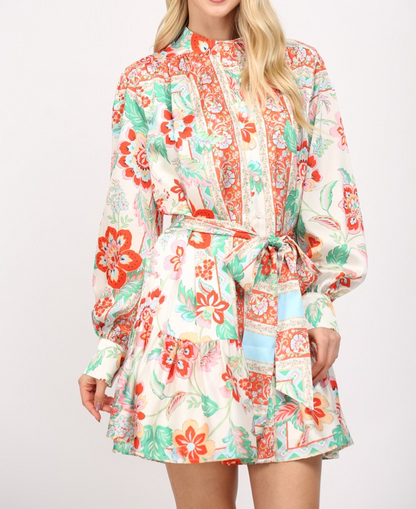 CREAM MULTI SATIN FLORAL PRINT TIE WAIST BUTTON UP MINI DRESS