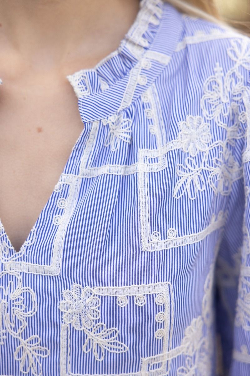 BLUE STRIPED COTTON FLORAL EMBROIDERED TIERED WOVEN DRESS