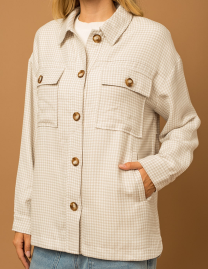 WHITE/TAUPE GINGHAM POCKET DETAIL OVERSIZED JACKET