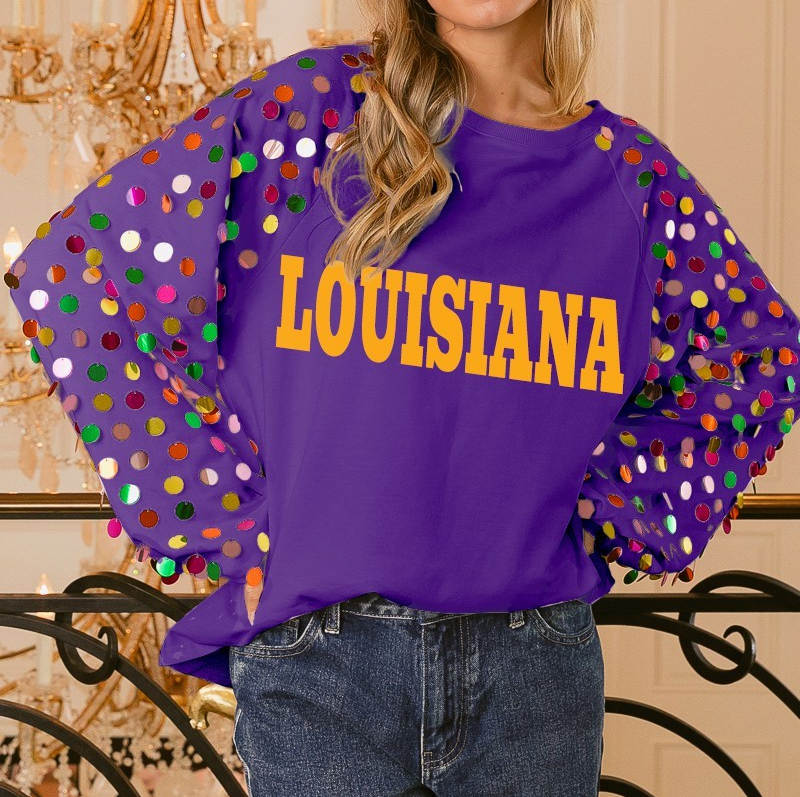 PURPLE LOUISIANA MULTI COLOR SPANGLED RAGLAN SLEEVE SWEATSHIRT