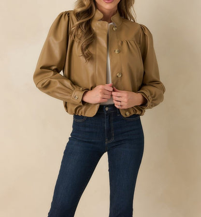 CARAMEL VEGAN LEATHER LONG SLEEVE BUTTON UP ASHLAND JACKET