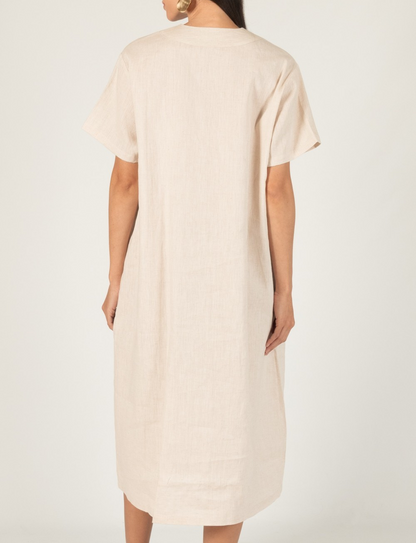 NATURAL LINEN VNECK FRONT SLIT SHORT SLEEVE DRESS