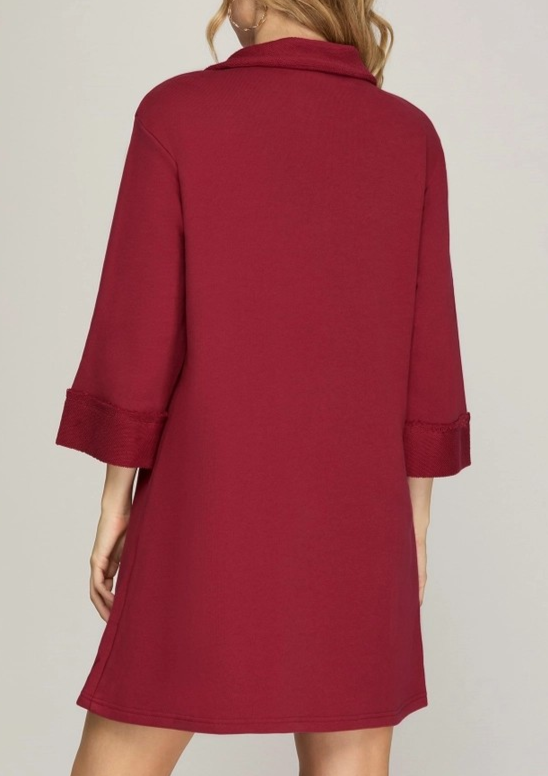 WINE 3/4 SLEEVE COLLARED KNIT DRESS