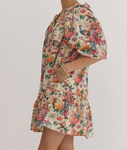 NATURAL FLORAL PRINT MINI DRESS