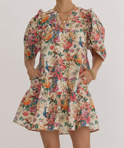 NATURAL FLORAL PRINT MINI DRESS