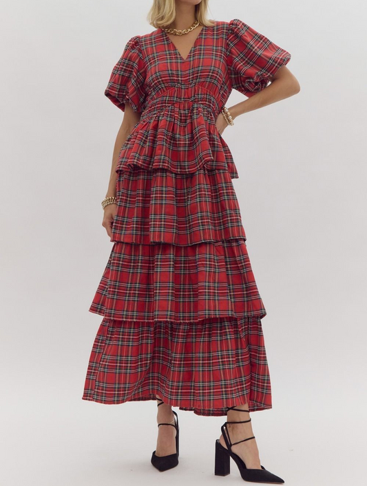 RED PLAID PRINTED BUBBLE SLEEVE TIERED MIDI DRESS