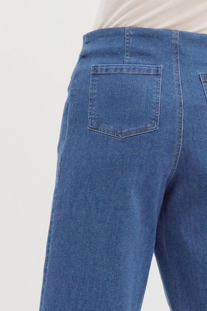 DENIM BLUE MID RISE CULOTTE PANT WITH EXPOSED BUTTONS