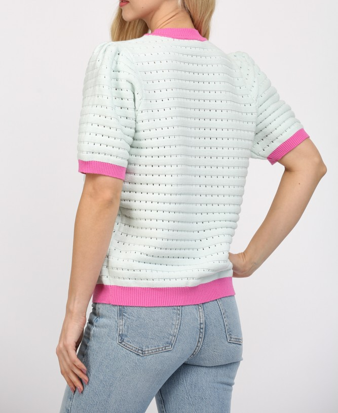 LIGHT BLUE/MAGENTA CONTRAST BAND PUFF SLEEVE SWEATER