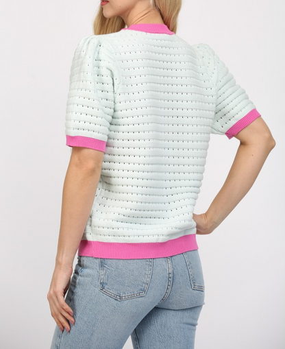 LIGHT BLUE/MAGENTA CONTRAST BAND PUFF SLEEVE SWEATER