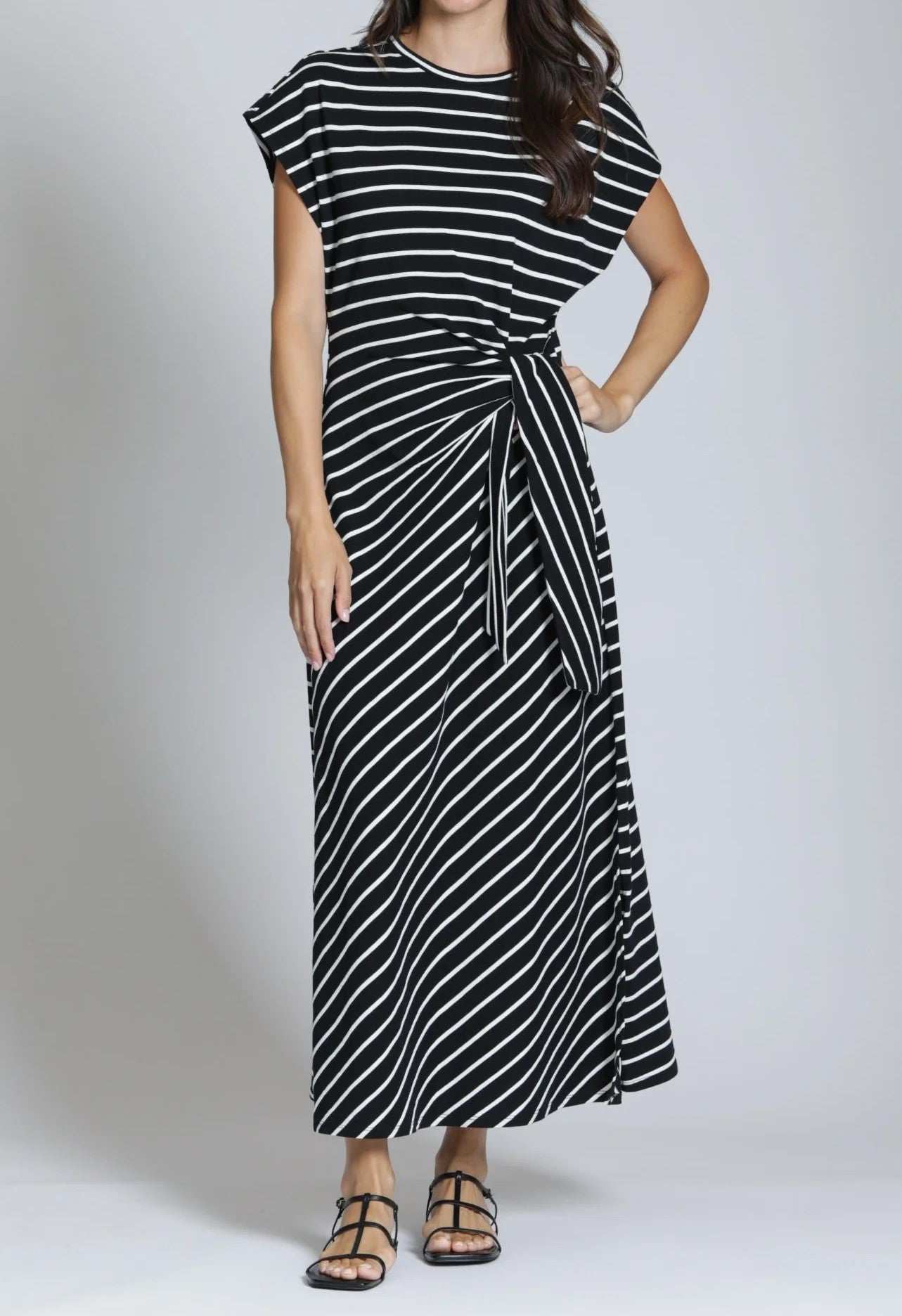 BLACK AND WHITE STRIPE WAIST TIE COTTON MAXI DRESS