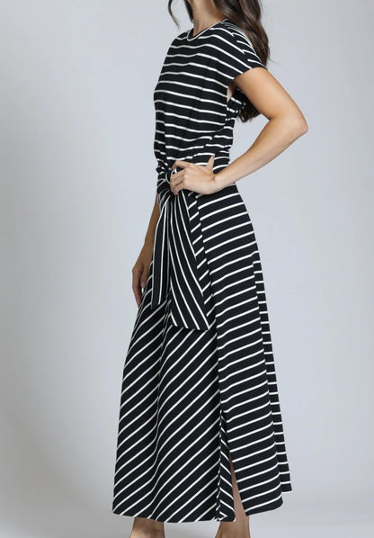 BLACK AND WHITE STRIPE WAIST TIE COTTON MAXI DRESS