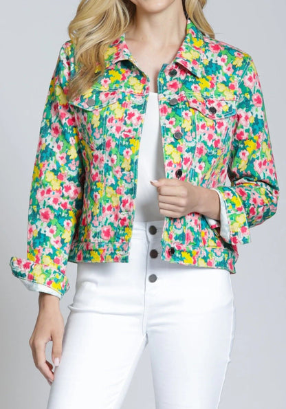 JADE/PINK MULTI DITSY FLORAL PRINTED LONG SLEEVE JACKET