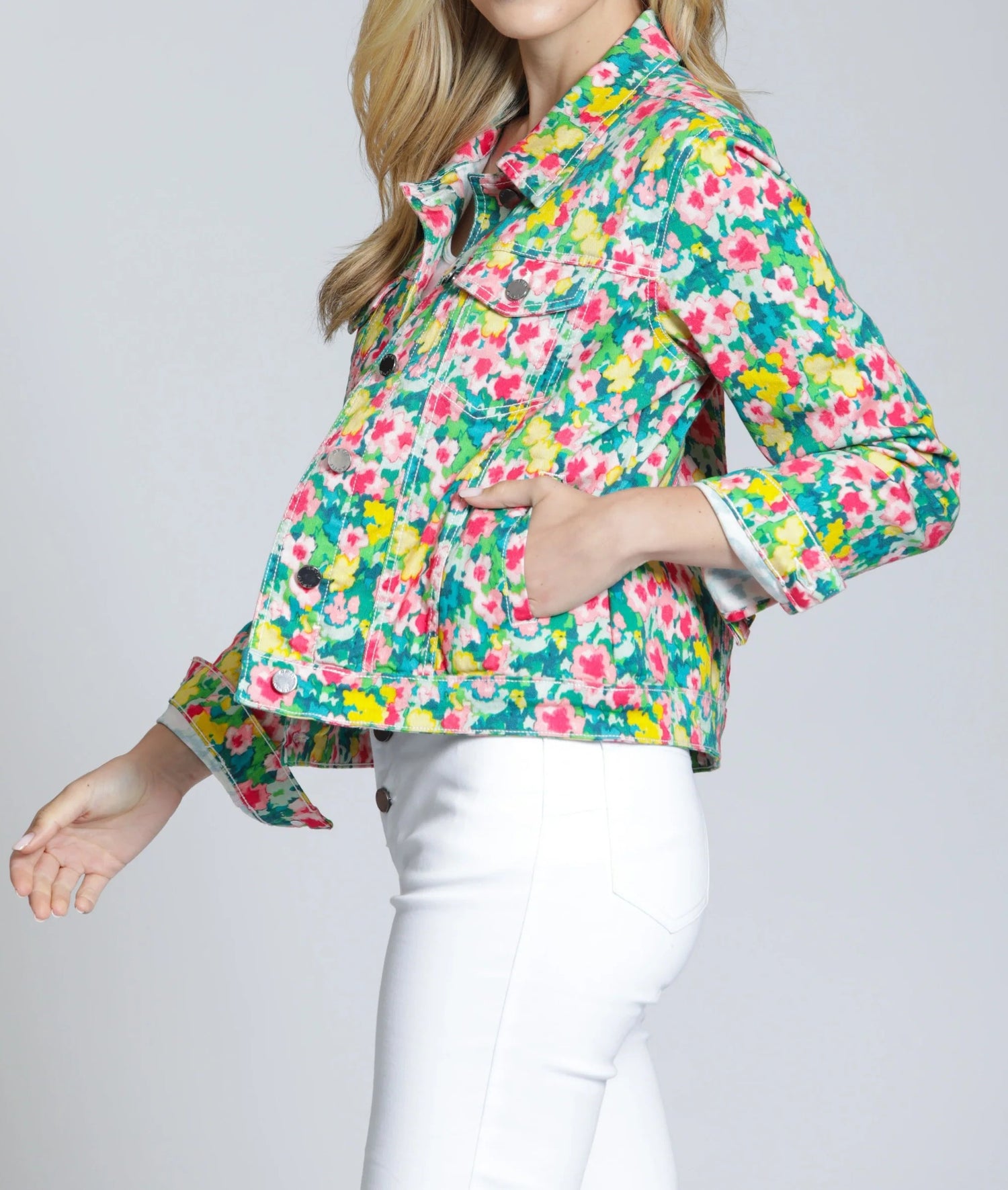 JADE/PINK MULTI DITSY FLORAL PRINTED LONG SLEEVE JACKET