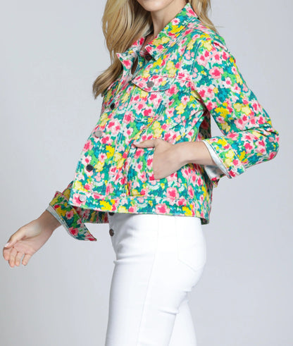 JADE/PINK MULTI DITSY FLORAL PRINTED LONG SLEEVE JACKET