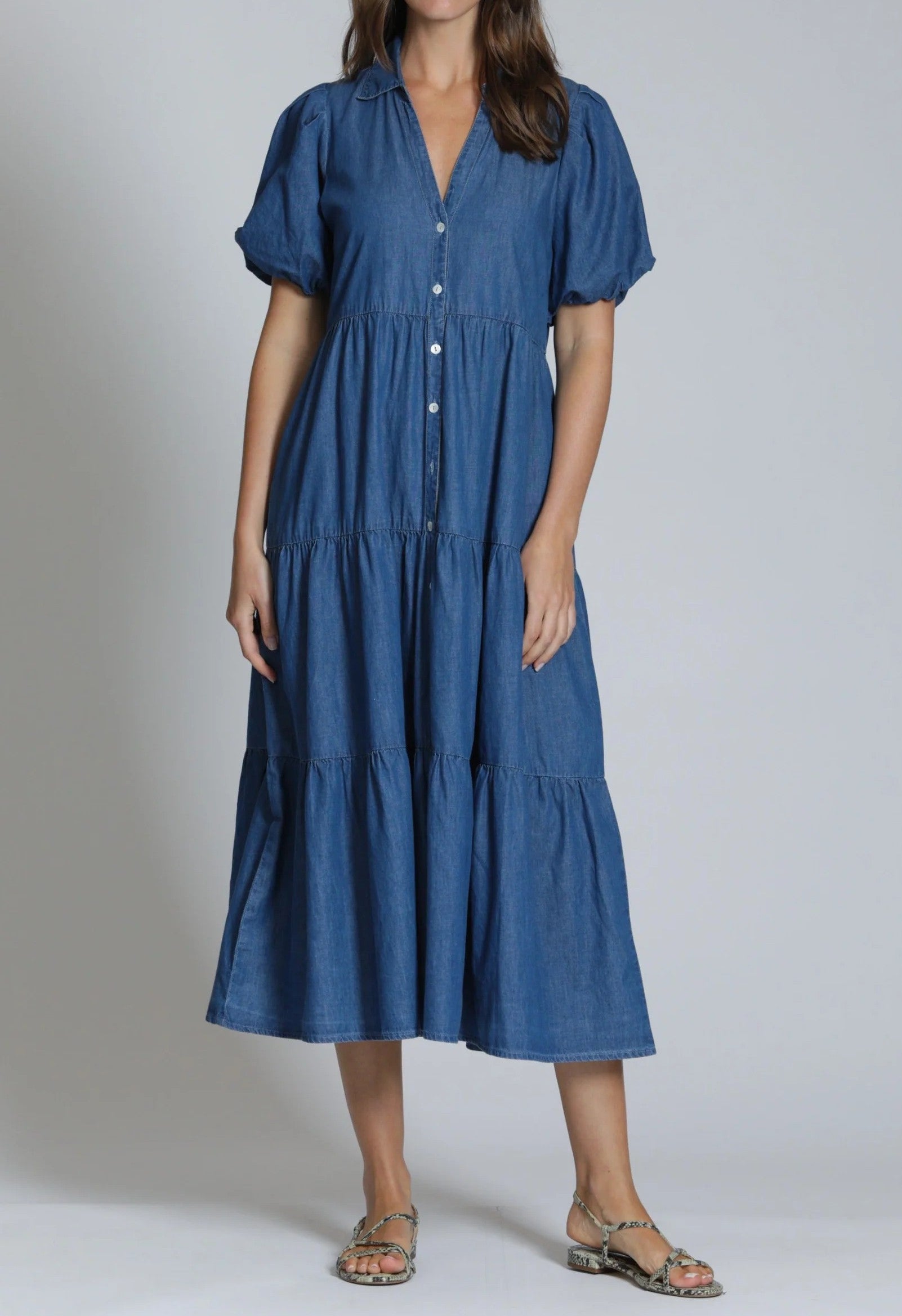 MEDIUM INDIGO DENIM SHORT PUFF SLEEVE TIERED MAXI DRESS