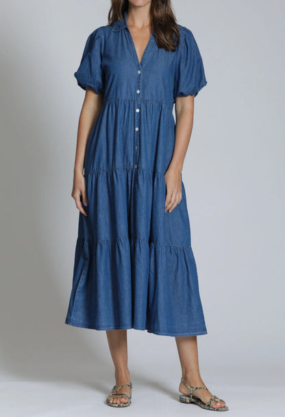 MEDIUM INDIGO DENIM SHORT PUFF SLEEVE TIERED MAXI DRESS