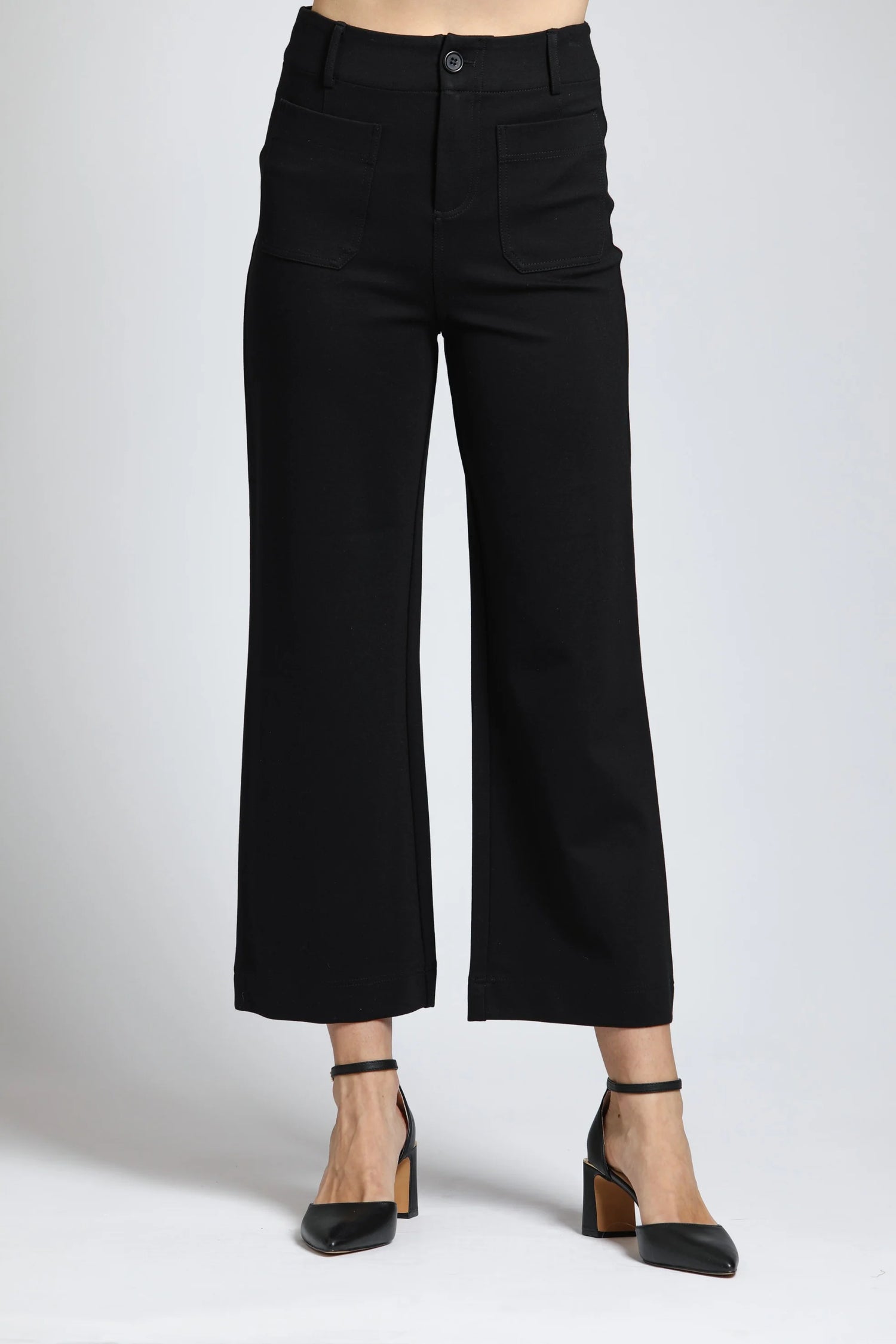 BLACK PONTE CROPPED WIDE LEG PATCH POCKET PANTS