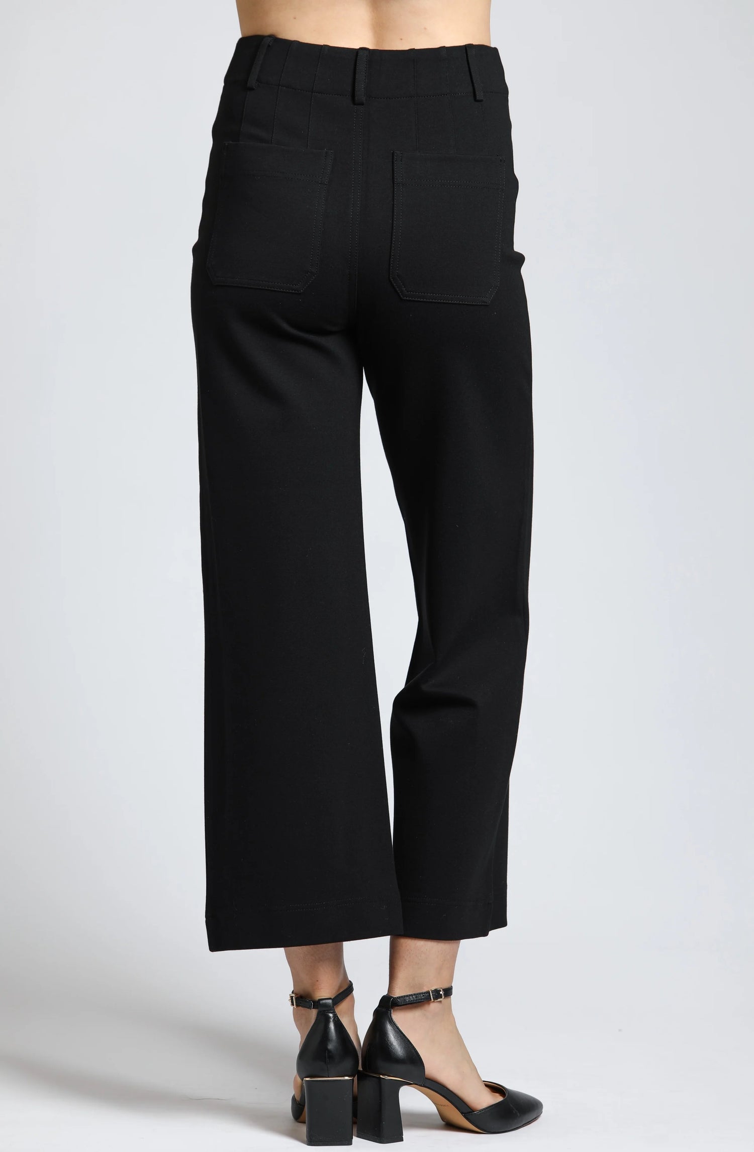 BLACK PONTE CROPPED WIDE LEG PATCH POCKET PANTS