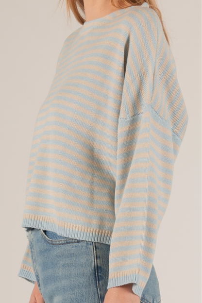 PALE BLUE/LINEN STRIPED T-BODY SWEATER