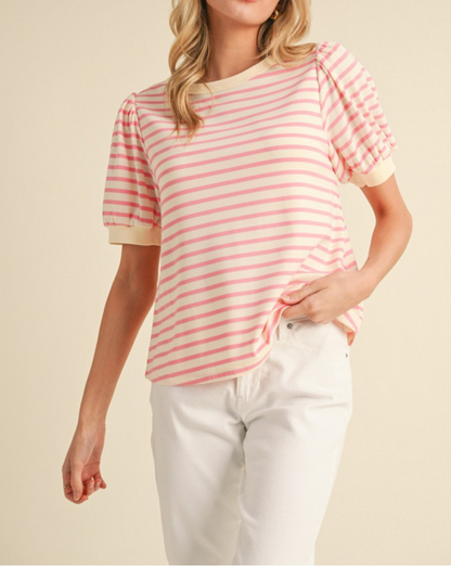PINK STRIPED BUBBLE SLEEVE TOP