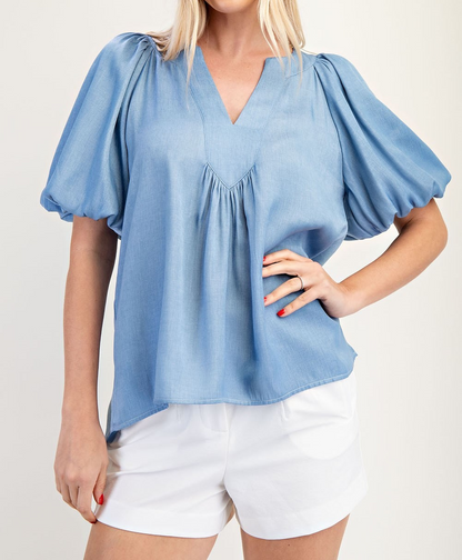 SKY BLUE VNECK PLACKET BALLOON SLEEVE TOP