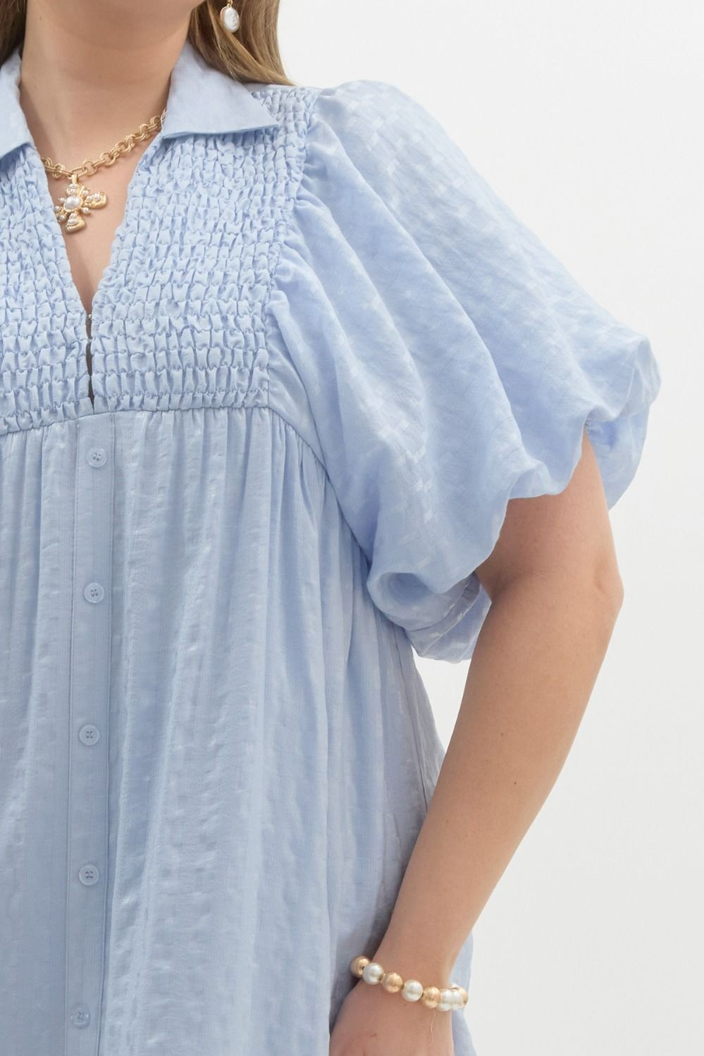 BABY BLUE TEXTURED PUFF SLEEVE MIDI DRESS