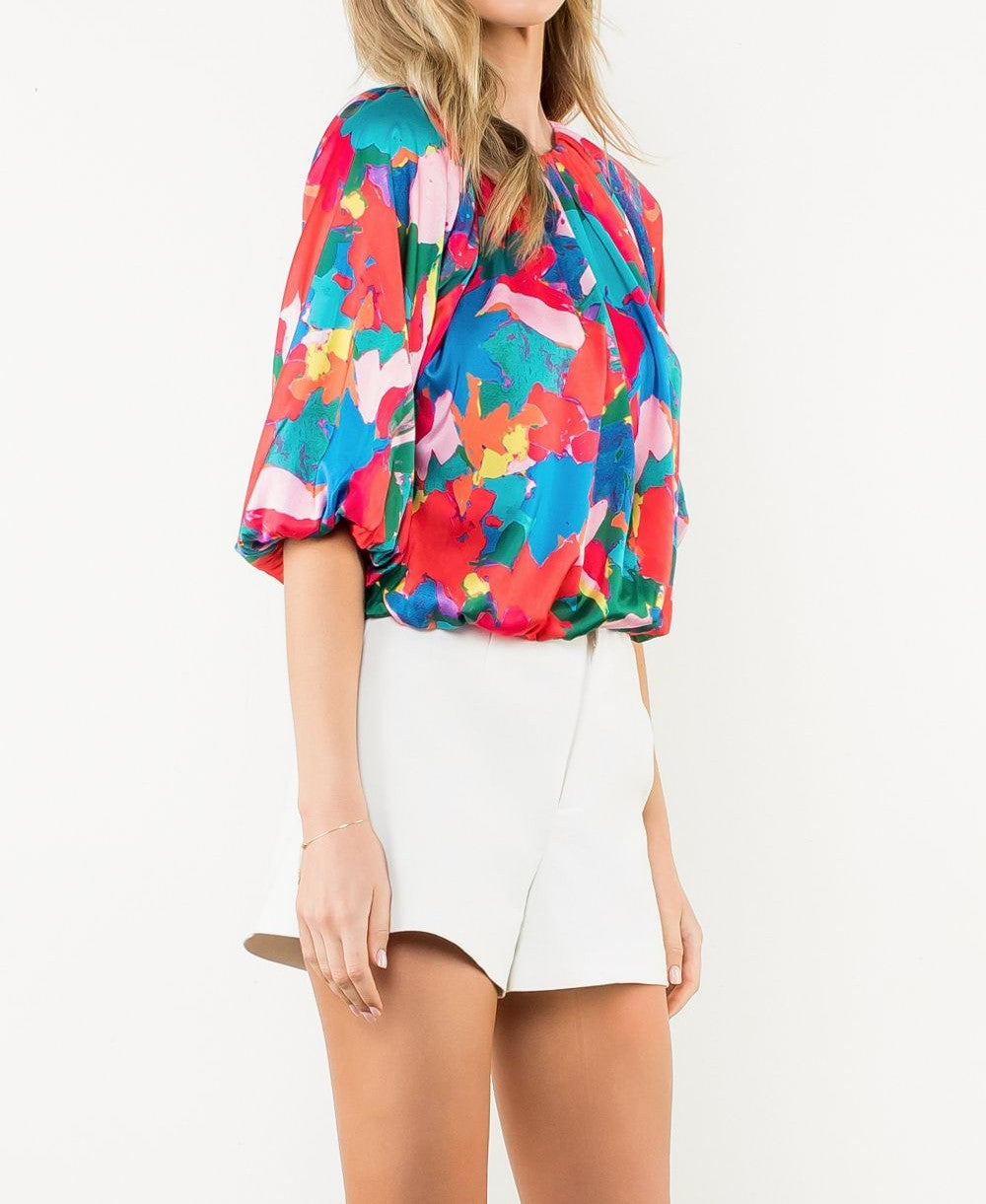 RED MULTI ABSTRACT PRINT ELASTIC HEM PUFF SLEEVE TOP