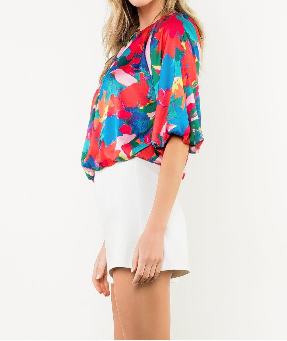 RED MULTI ABSTRACT PRINT ELASTIC HEM PUFF SLEEVE TOP