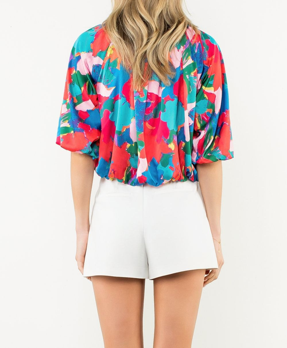 RED MULTI ABSTRACT PRINT ELASTIC HEM PUFF SLEEVE TOP