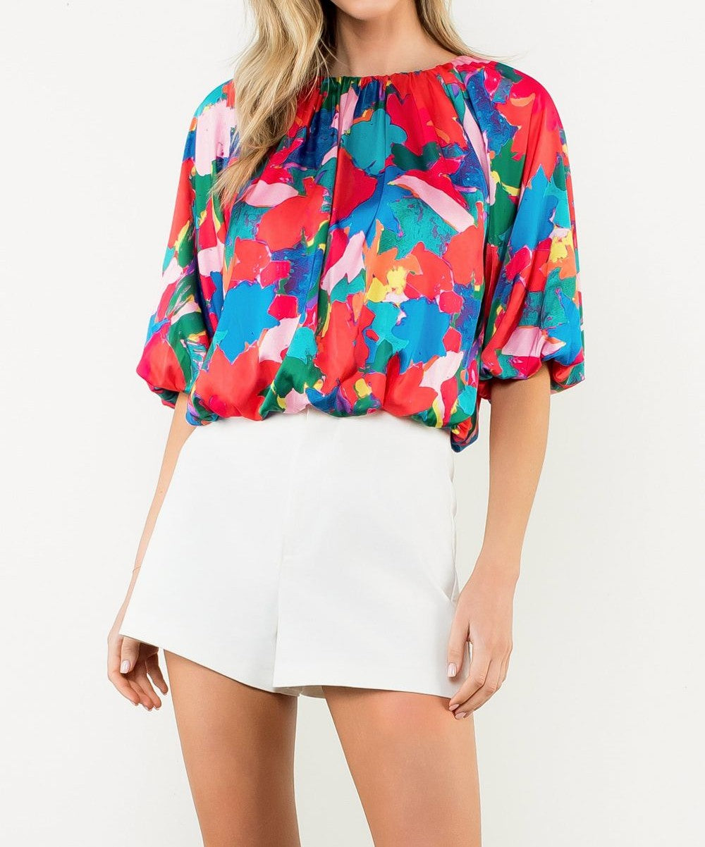 RED MULTI ABSTRACT PRINT ELASTIC HEM PUFF SLEEVE TOP