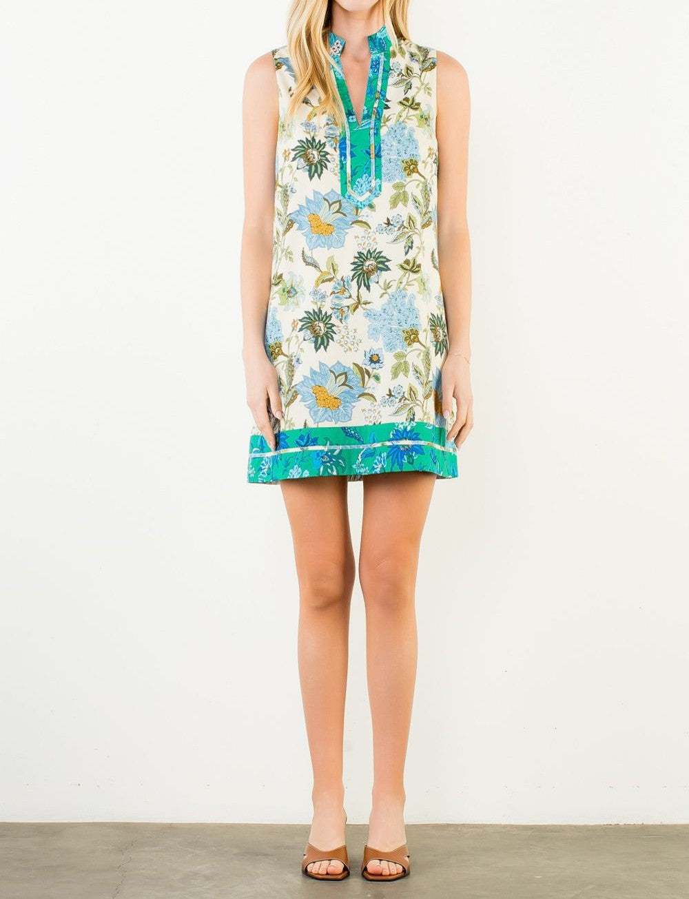 BLUE MIX FLORAL PRINT CONTRAST STRIPE SLEEVELESS MINI DRESS
