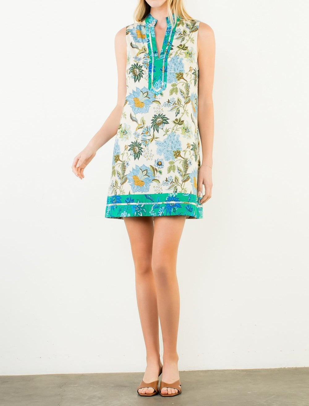 BLUE MIX FLORAL PRINT CONTRAST STRIPE SLEEVELESS MINI DRESS