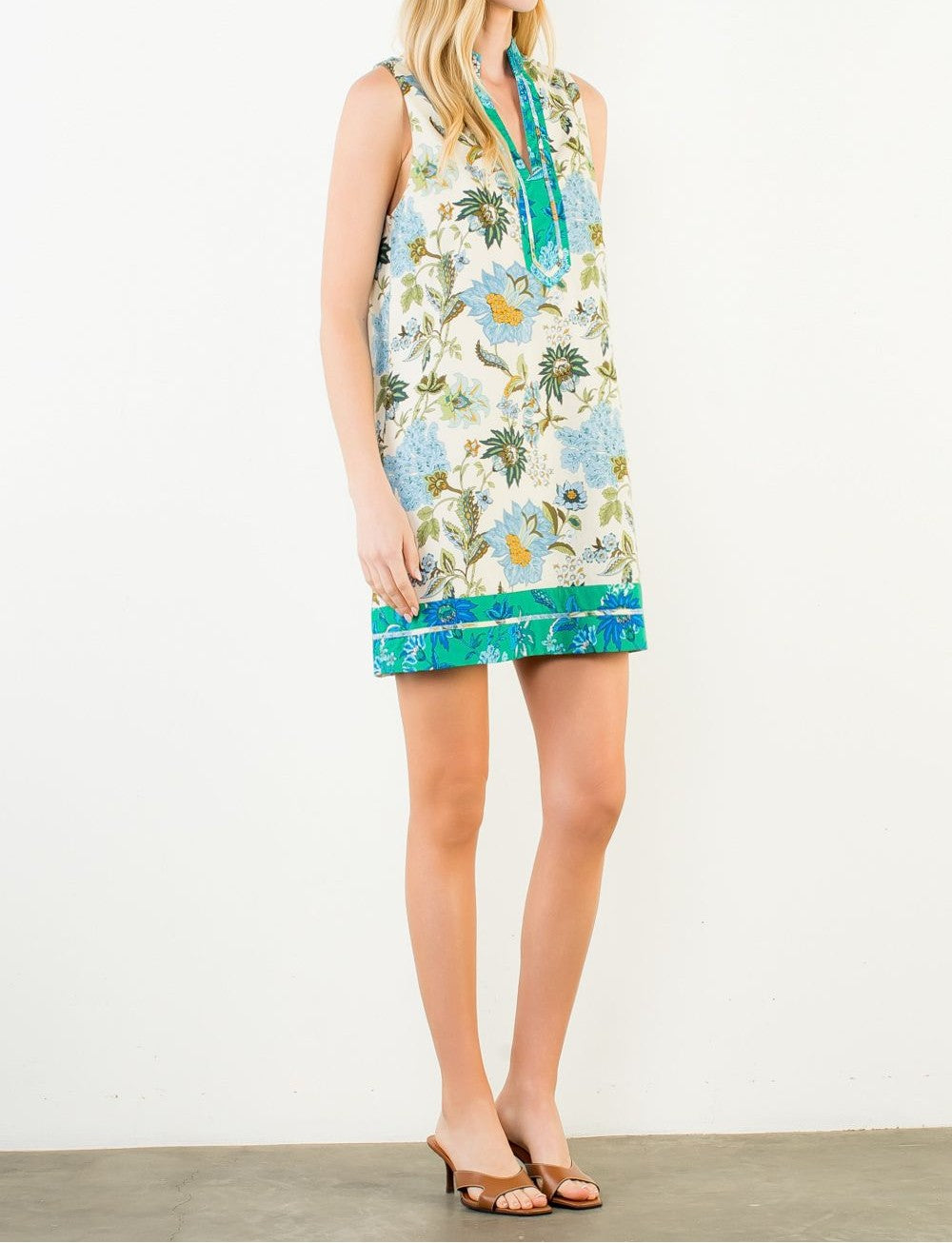 BLUE MIX FLORAL PRINT CONTRAST STRIPE SLEEVELESS MINI DRESS
