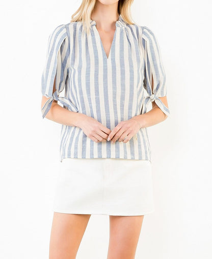 BLUE/CREAM STRIPED VNECK SHORT TIE SLEEVE TOP