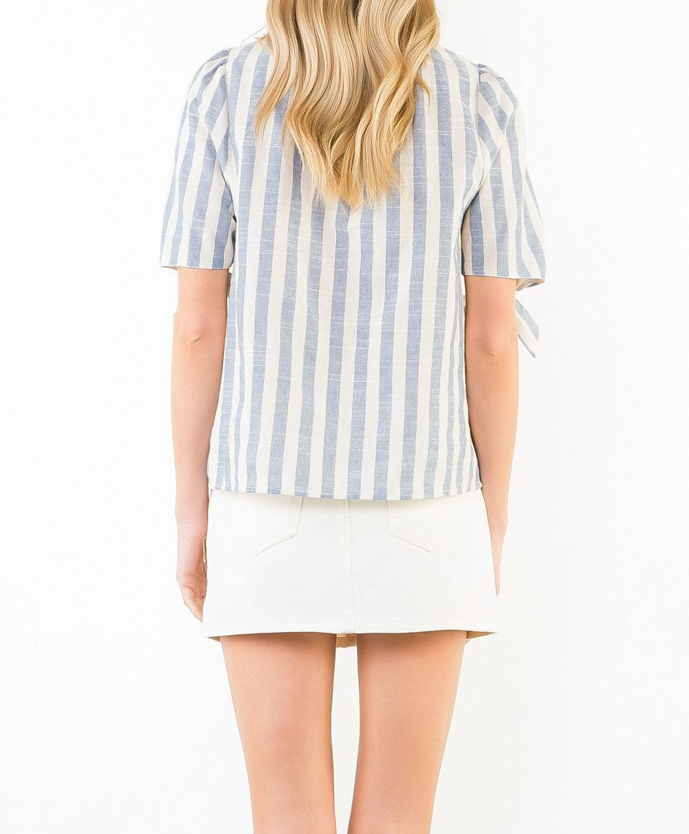 BLUE/CREAM STRIPED VNECK SHORT TIE SLEEVE TOP