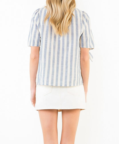 BLUE/CREAM STRIPED VNECK SHORT TIE SLEEVE TOP
