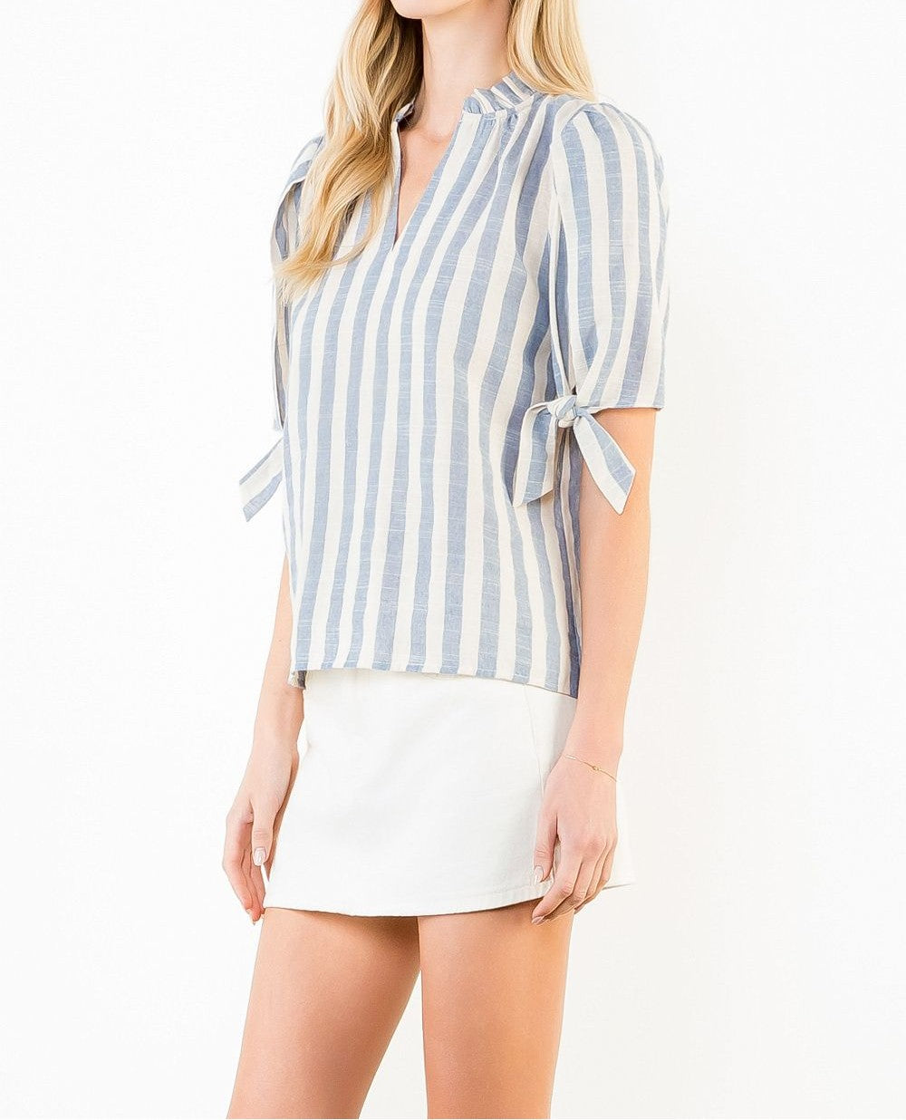 BLUE/CREAM STRIPED VNECK SHORT TIE SLEEVE TOP