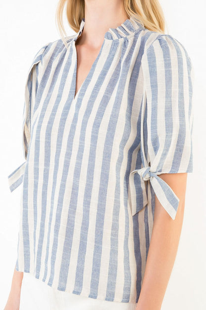 BLUE/CREAM STRIPED VNECK SHORT TIE SLEEVE TOP