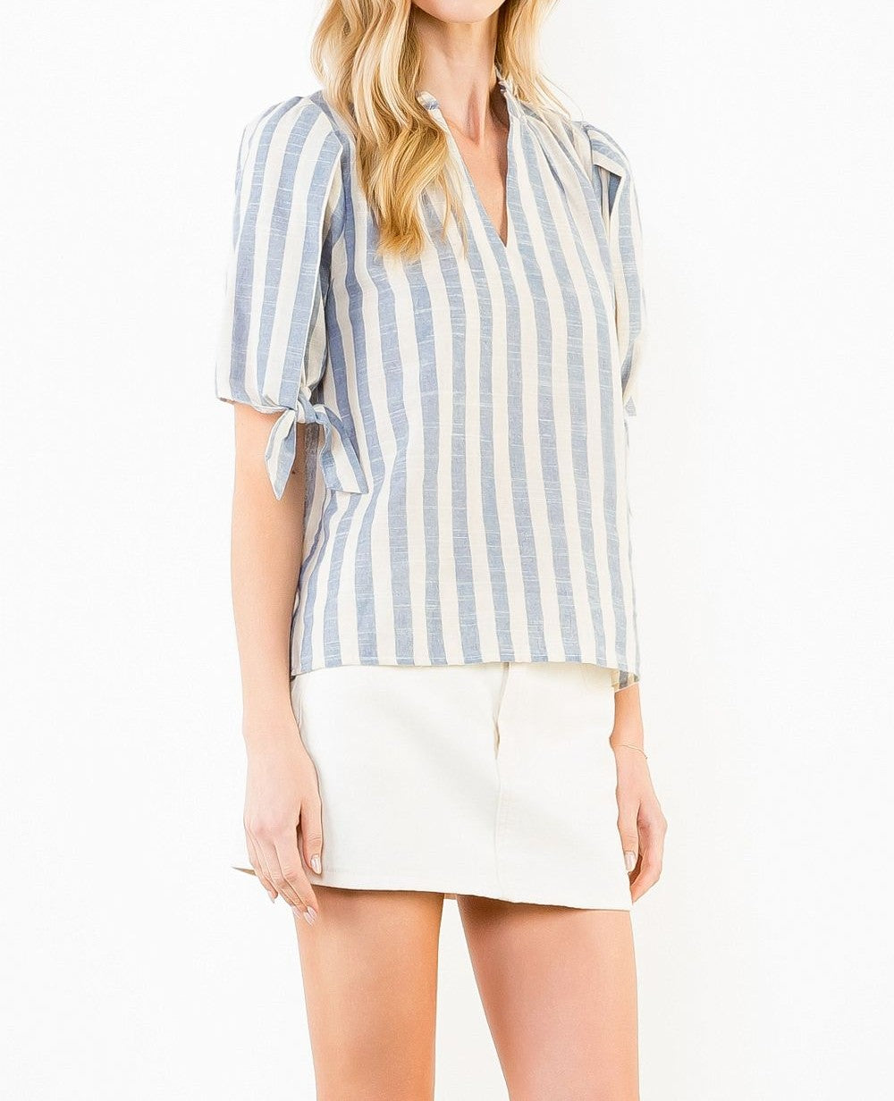 BLUE/CREAM STRIPED VNECK SHORT TIE SLEEVE TOP