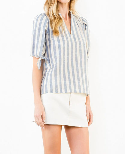BLUE/CREAM STRIPED VNECK SHORT TIE SLEEVE TOP