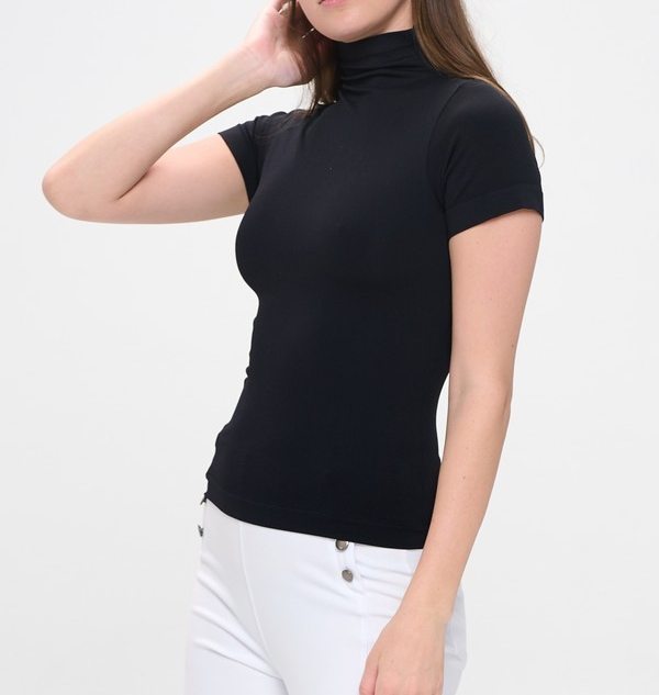 BLACK MOCK NECK SEAMLESS SHORT SLEEVE TOP