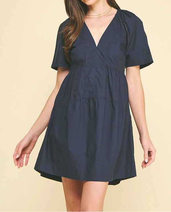 NAVY TIERED VNECK MINI DRESS