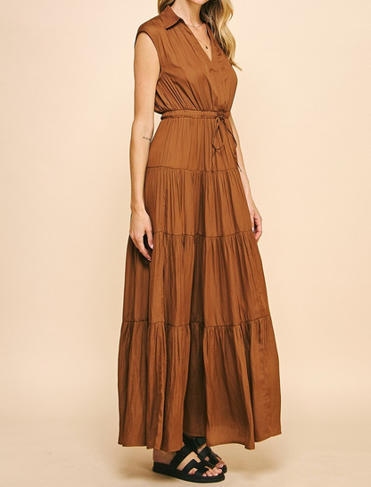 CAMEL SLEEVELESS TIERED MAXI DRESS