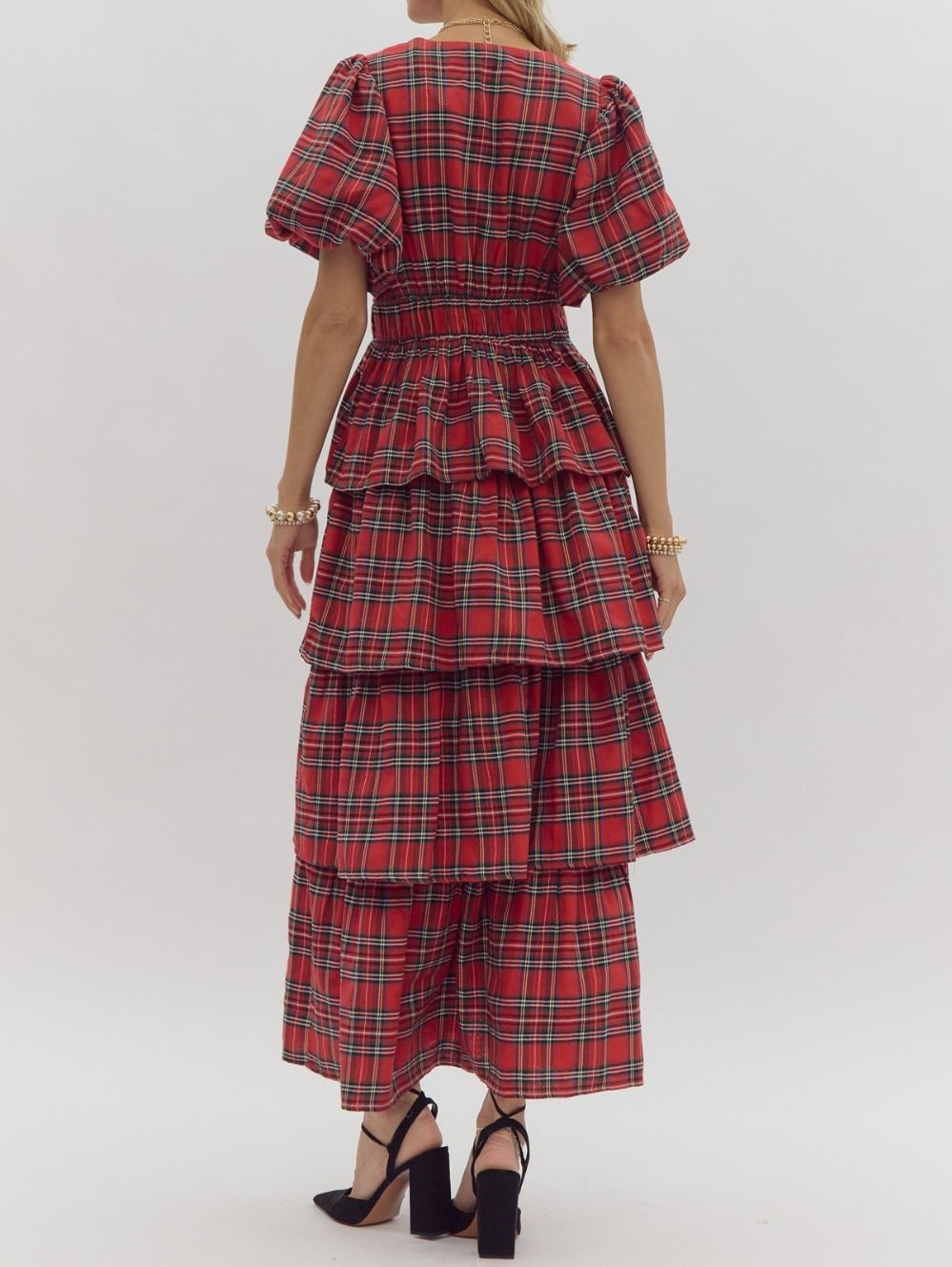 RED PLAID PRINTED BUBBLE SLEEVE TIERED MIDI DRESS