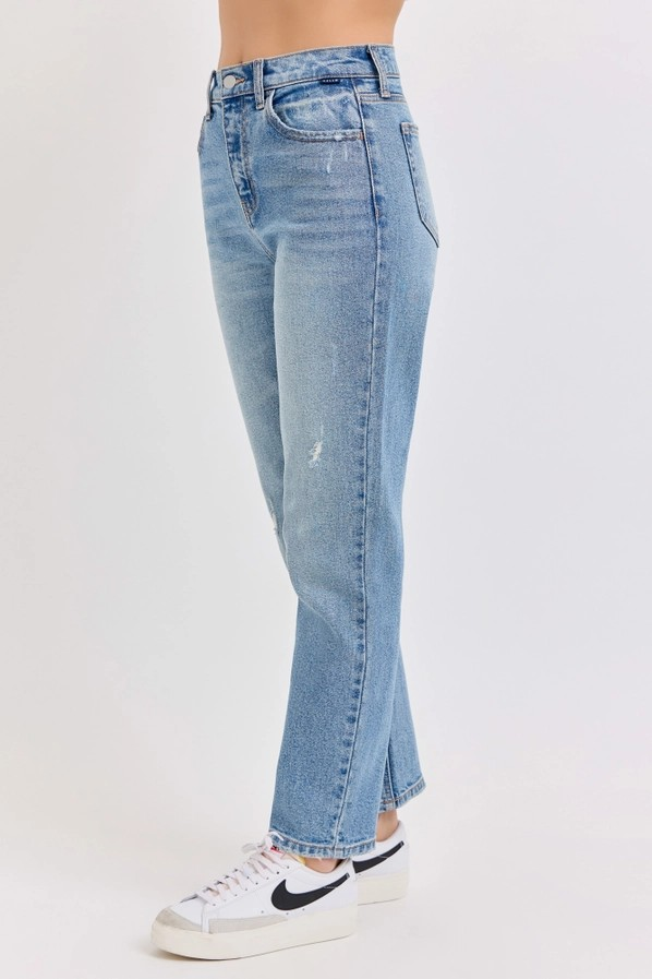 MEDIUM DENIM HIGH RISE STRAIGHT LEG JEAN