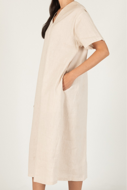 NATURAL LINEN VNECK FRONT SLIT SHORT SLEEVE DRESS