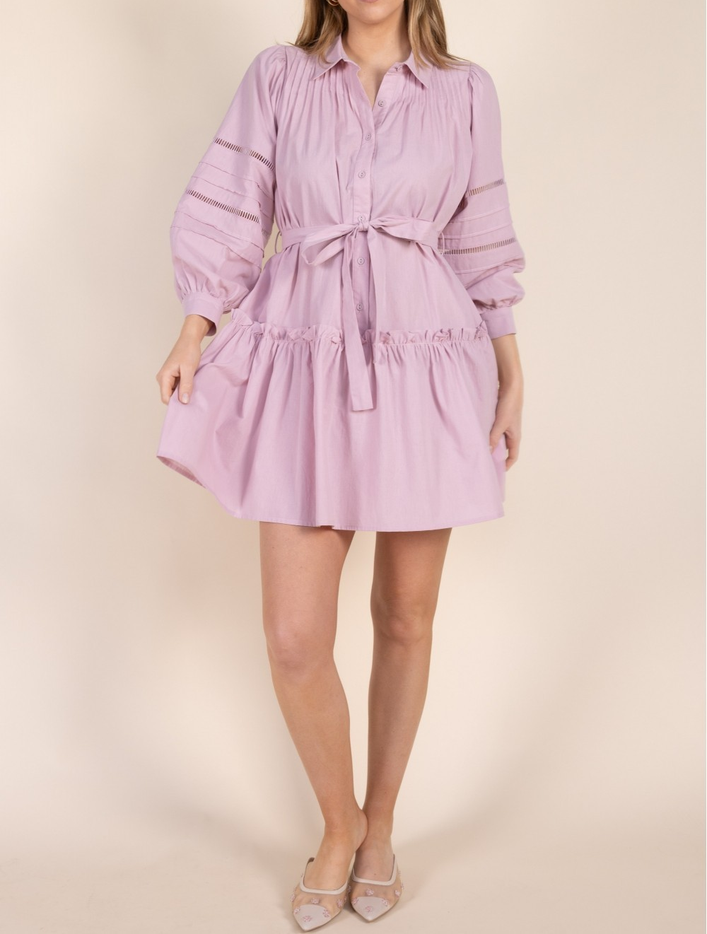LAVENDER FOG POPLIN EYELET BUTTON UP BALLOON SLEEVE DRESS
