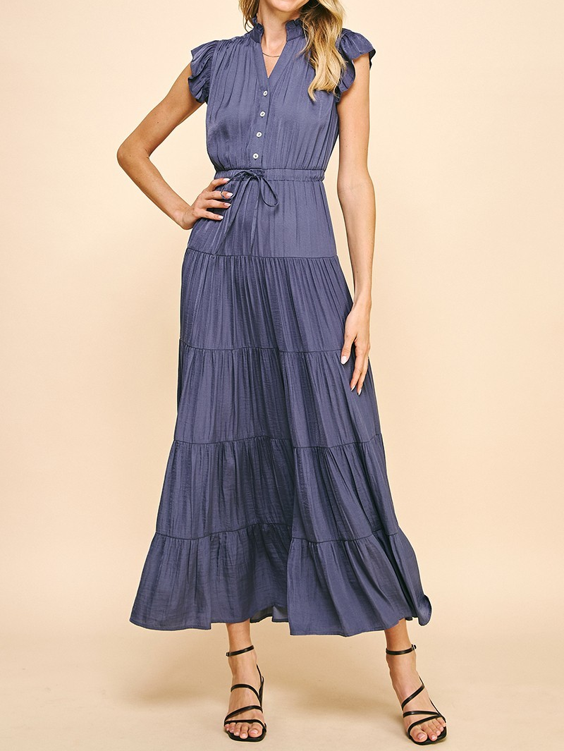 DUSTY NAVY SATIN TIERED MAXI DRESS