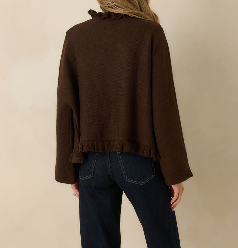 DARK CHOCOLATE BROWN RUFFLE TRIM LONG SLEEVE SABRINA CARDIGAN
